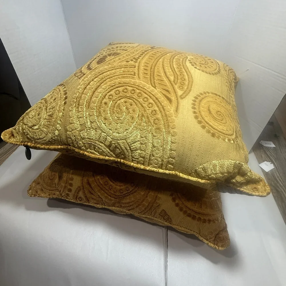 Pier 1 Imports Gold Velvet Paisley Throw Pillows Set of 2 Square 17in Accent